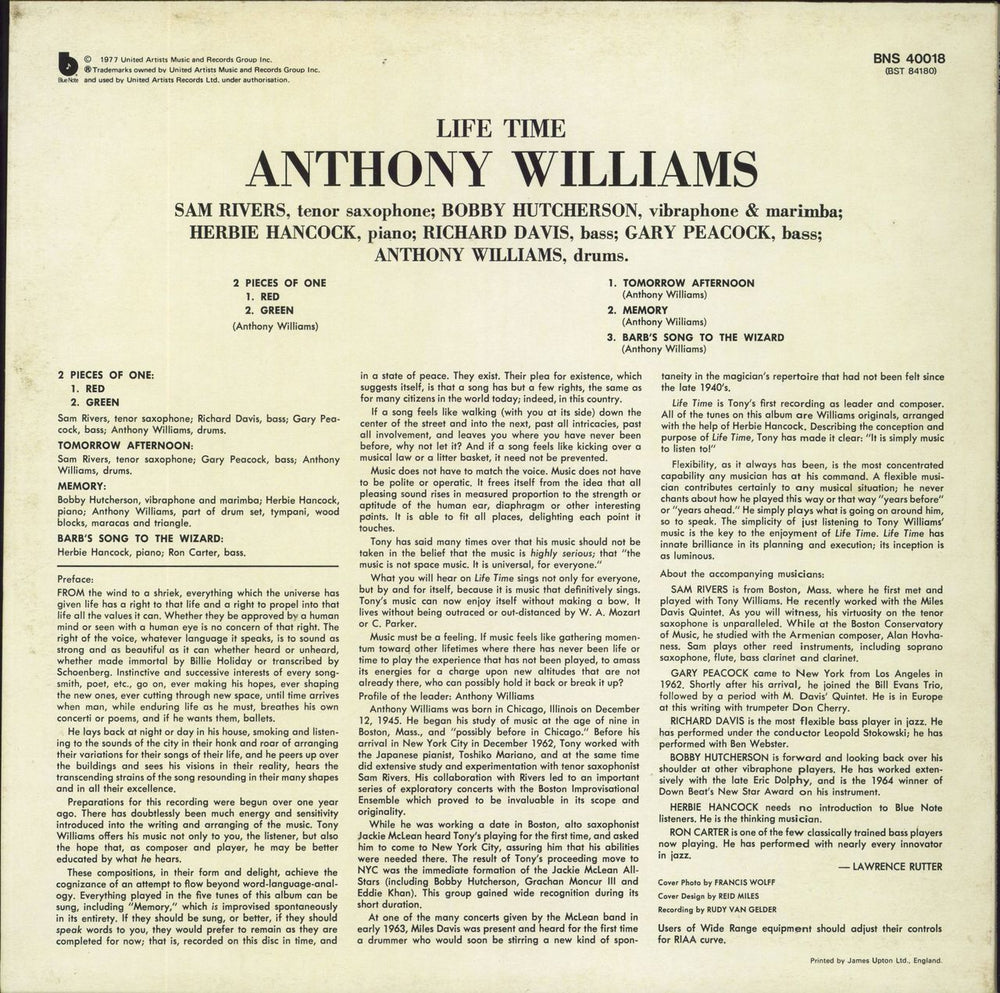 Tony Williams (Jazz) Life Time UK vinyl LP album (LP record)