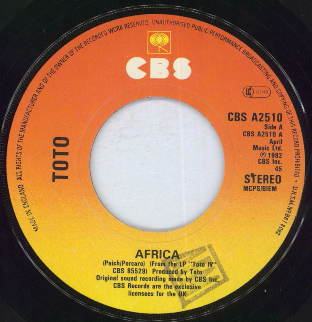 Toto Africa - Wide Centre + Sleeve UK 7" vinyl single (7 inch record / 45) TOT07AF820337