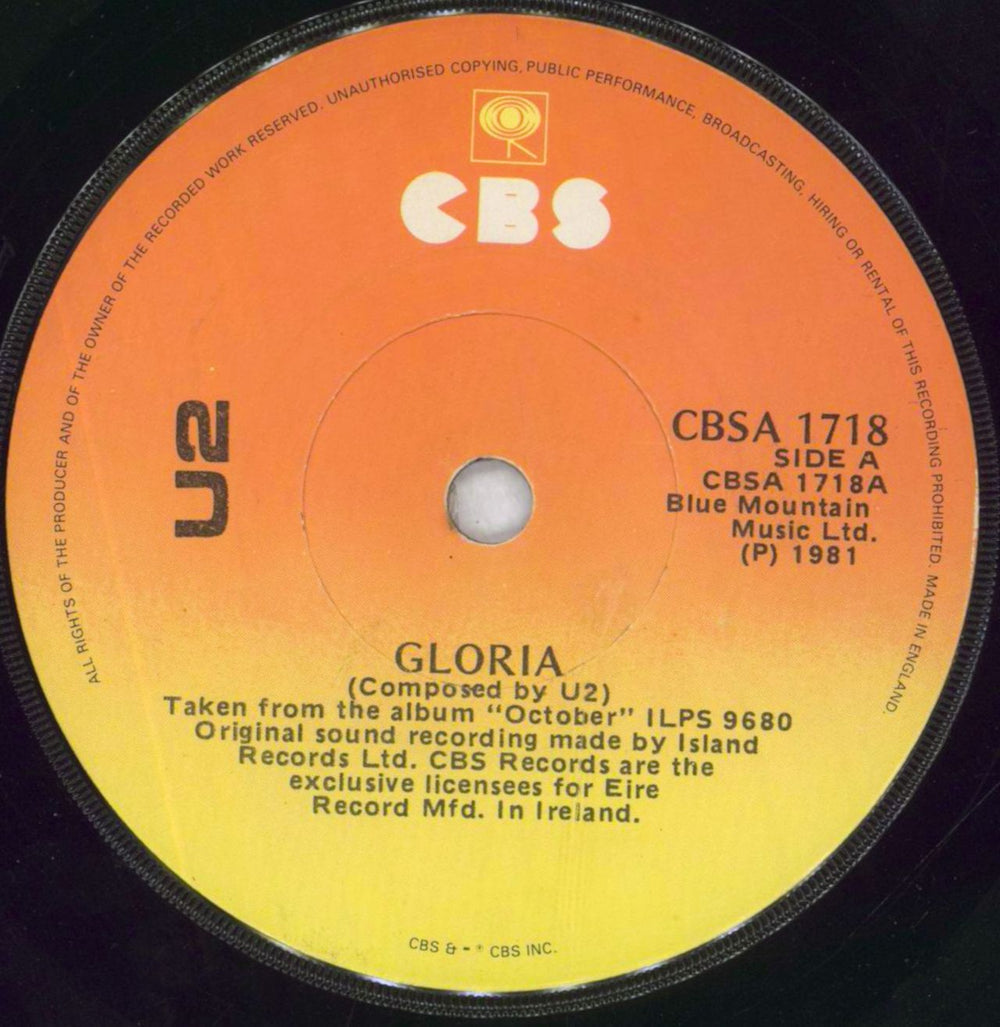 U2 Gloria Irish 7" vinyl single (7 inch record / 45) U-207GL53300