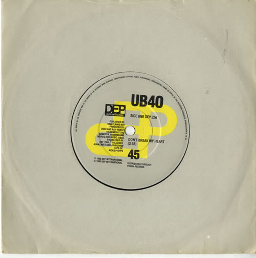 UB40 Don't Break My Heart UK 7" vinyl single (7 inch record / 45) DEP22