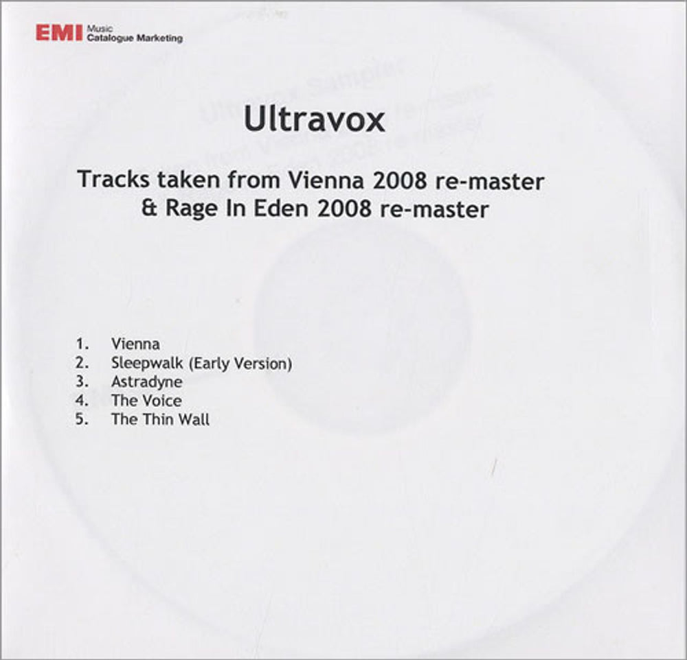 Ultravox Sampler - Vienna/Rage In Eden UK Promo CD-R acetate CD-R ACETATE