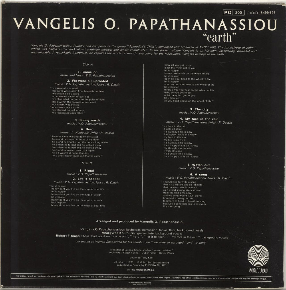 Vangelis Earth - EX French vinyl LP album (LP record)