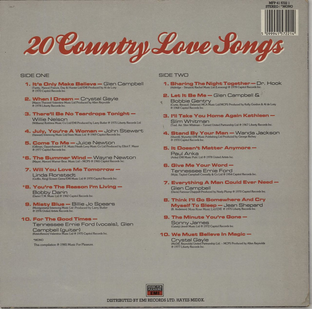 Various-Country 20 Country Love Songs UK vinyl LP album (LP record) 5099941572214