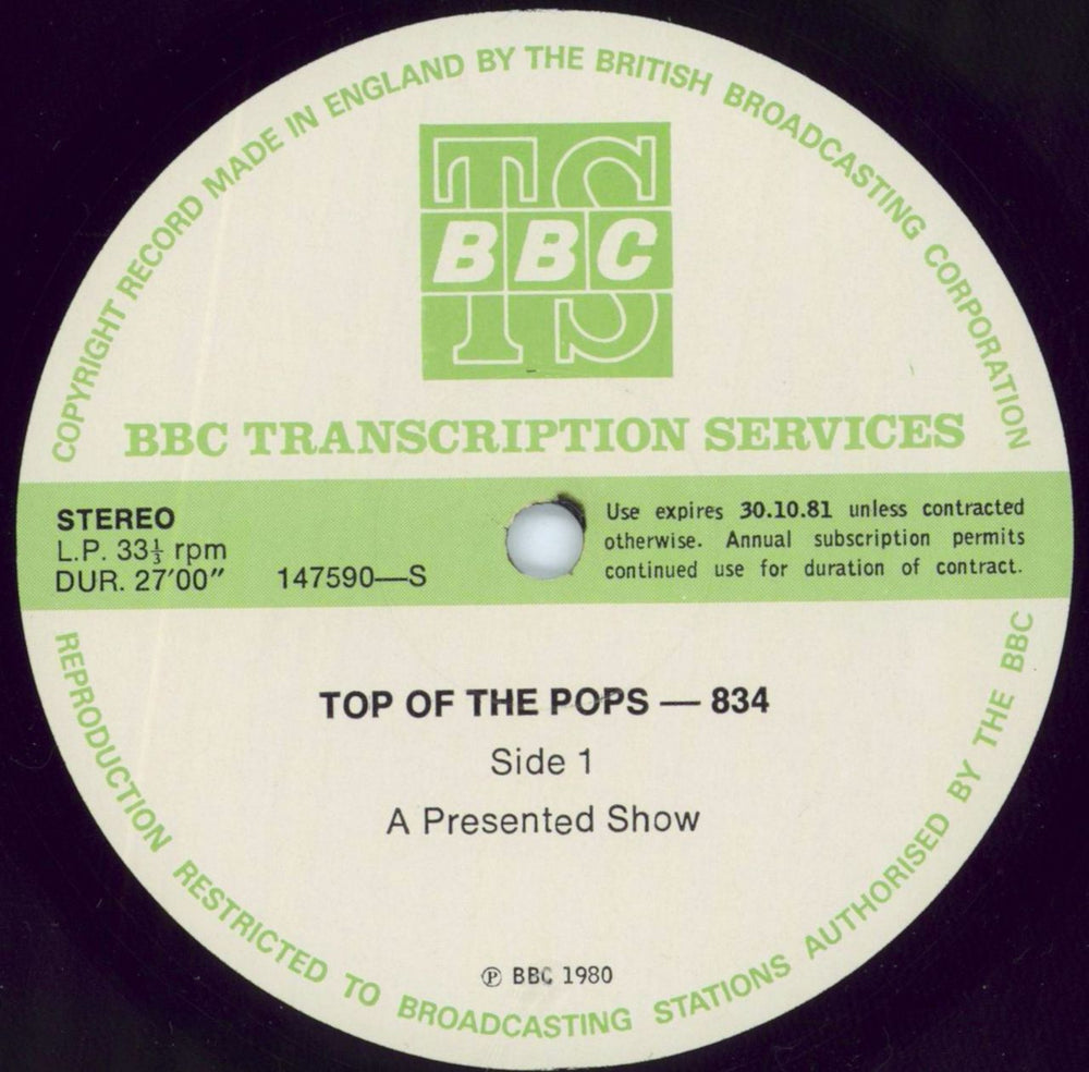 Various-Pop Top Of The Pops 834 UK Promo vinyl LP album (LP record) 147591/92-S