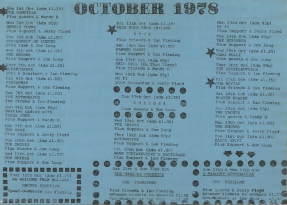 Various-Punk & New Wave Marquee October Programme 1978 UK memorabilia GIG SCHEDULE