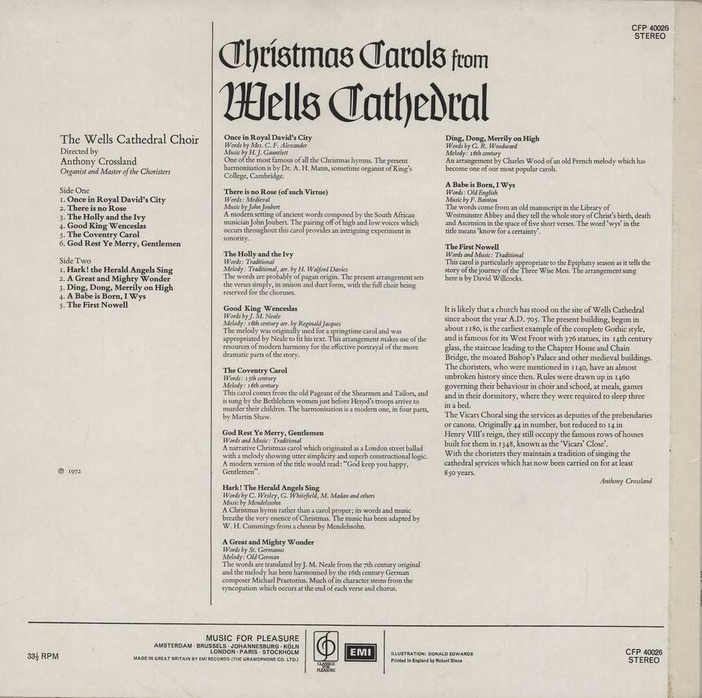 Various-Religious Christmas Carols From Wells Cathedral UK vinyl LP album (LP record)