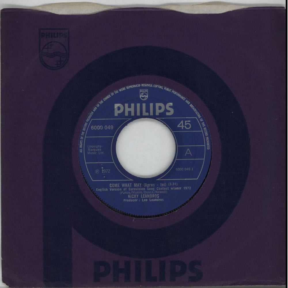 Vicky Leandros Come What May - Wide Centre UK 7" vinyl single (7 inch record / 45) 6000049