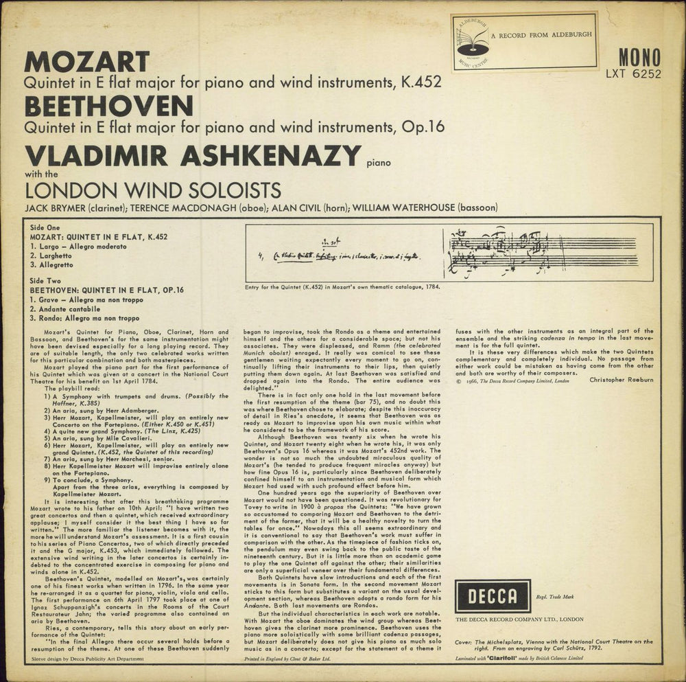 Vladimir Ashkenazy Mozart: Quintet In E Flat, K.452 / Beethoven: Quintet In E Flat, Op.16 UK vinyl LP album (LP record)