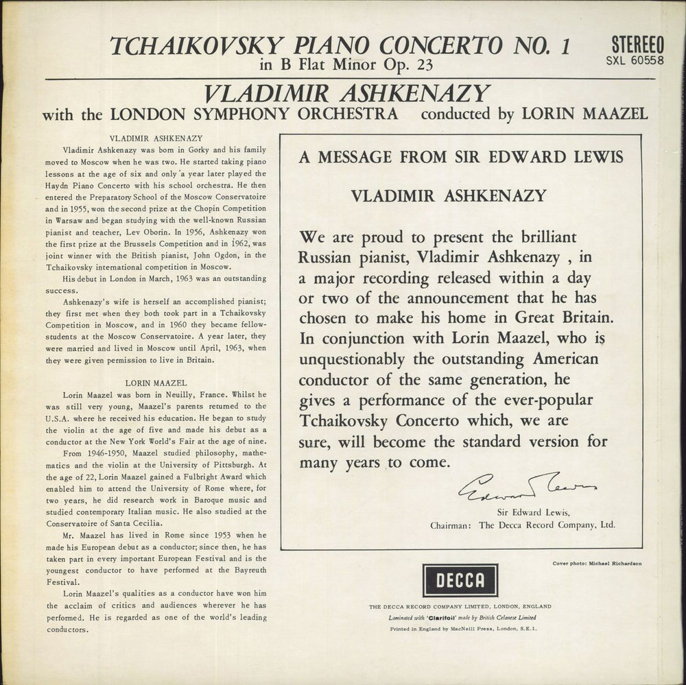 Vladimir Ashkenazy Tchaikovsky: Piano Concerto No. 1 UK vinyl LP album (LP record)