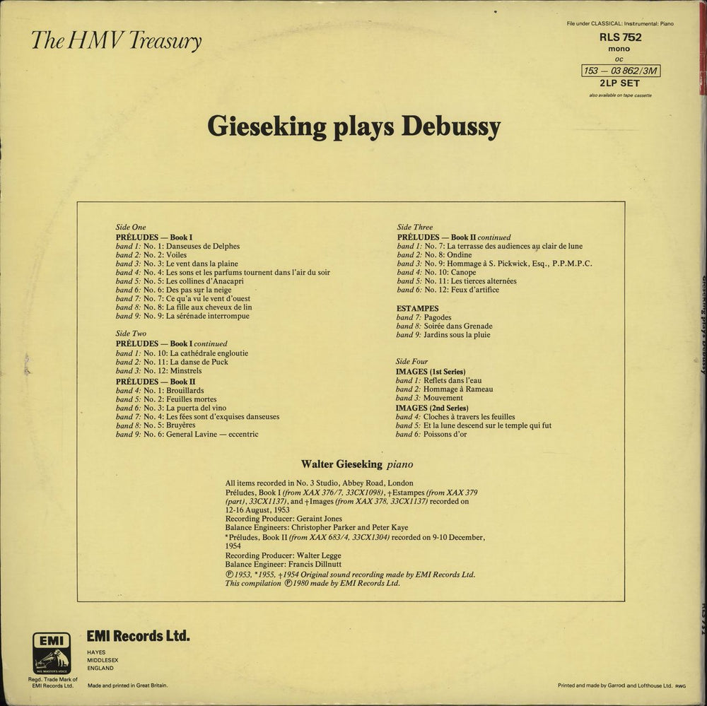 Walter Gieseking Walter Gieseking Plays Debussy UK 2-LP vinyl record set (Double LP Album)