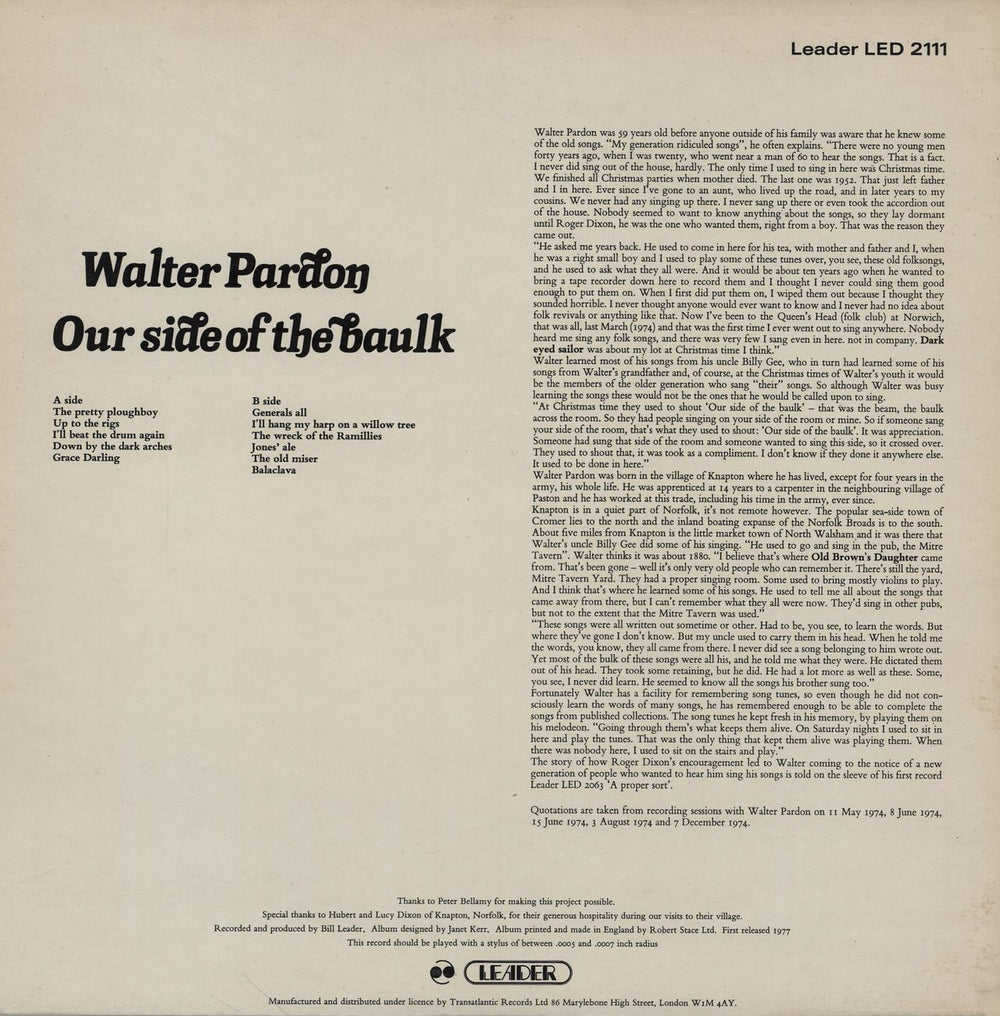 Walter Pardon Our Side Of The Baulk UK vinyl LP album (LP record)