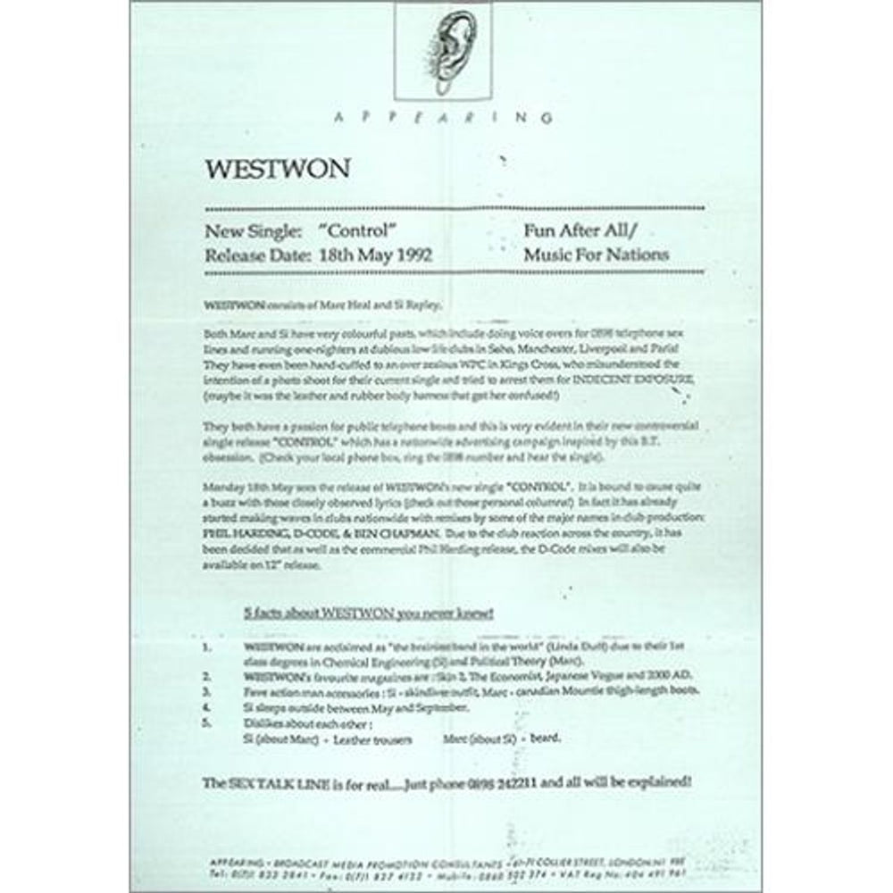 Westwon Control + Press Sheet UK CD single (CD5 / 5") WESC5CO11553