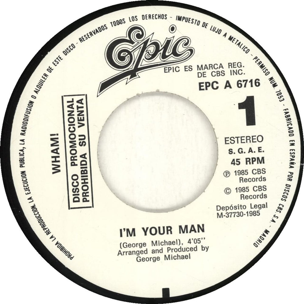 Wham I'm Your Man Spanish Promo 7" vinyl single (7 inch record / 45)