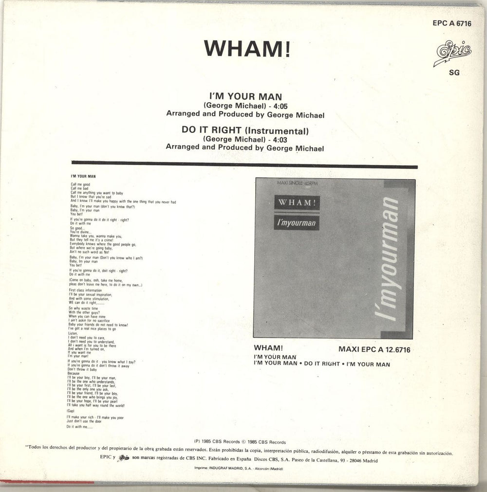 Wham I'm Your Man Spanish Promo 7" vinyl single (7 inch record / 45) WHA07IM697539