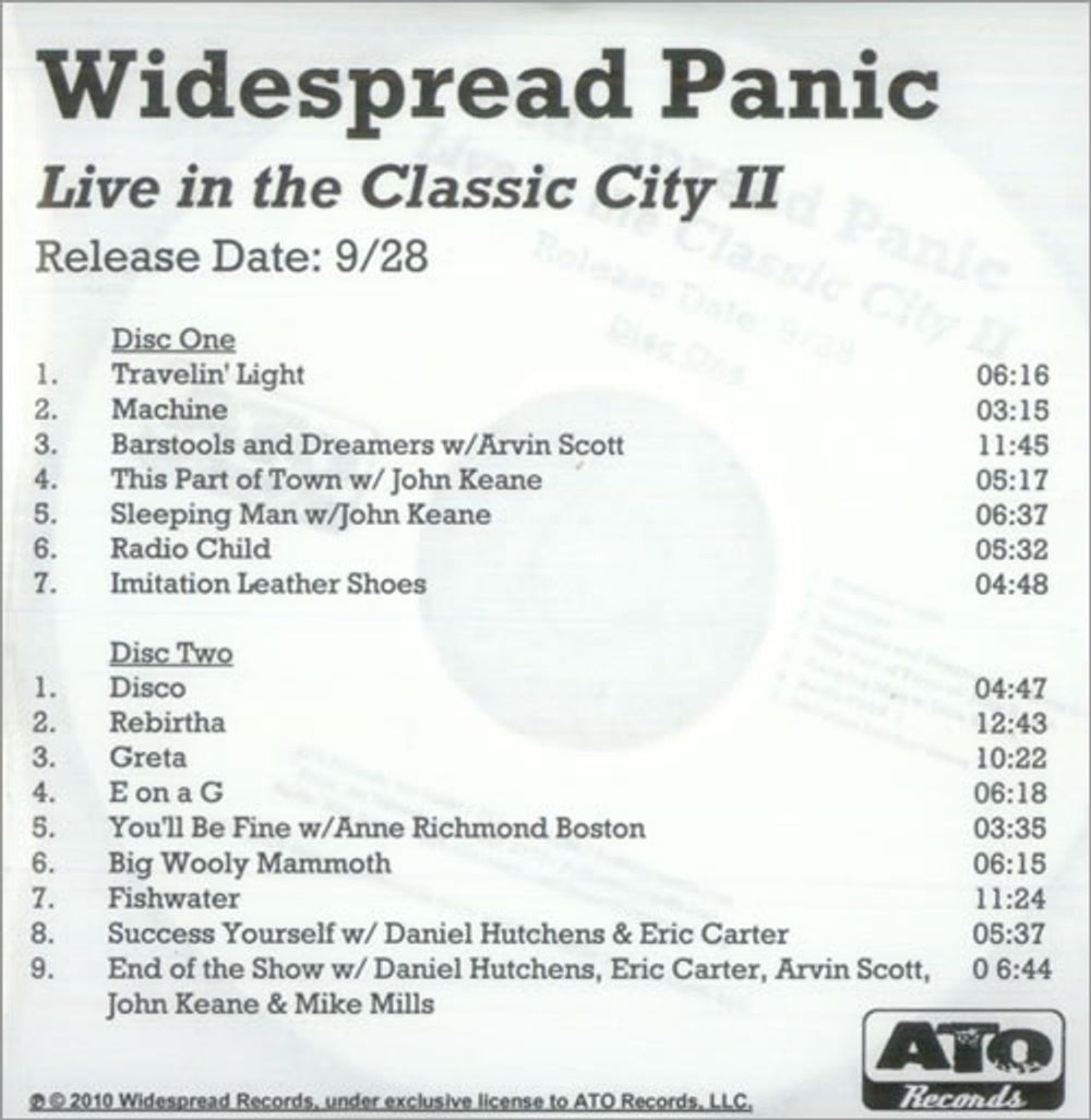 Widespread Panic Live In The Classic City II US Promo CD-R acetate CD-R ACETATE