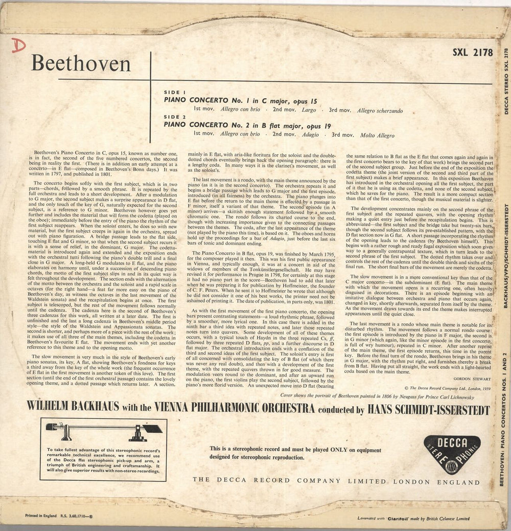 Wilhelm Backhaus Beethoven: Piano Concerto No.1 / Piano Concerto No.2 - EX UK vinyl LP album (LP record) XYOLPBE735415