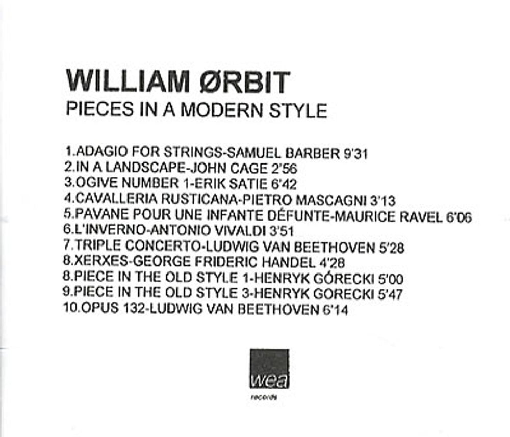 William Orbit Pieces In A Modern Style UK Promo CD-R acetate CD ACETATE