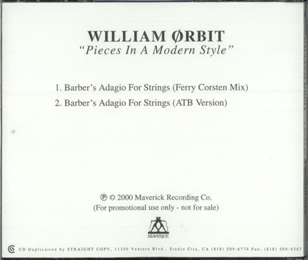 William Orbit Pieces In A Modern Style US Promo 2 CD album set (Double CD) WLM2CPI499069