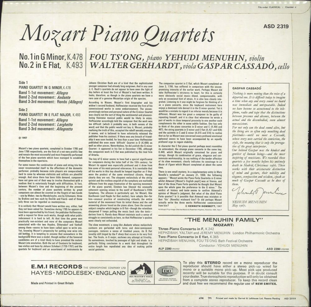 Wolfgang Amadeus Mozart Mozart Piano Quartets UK vinyl LP album (LP record)