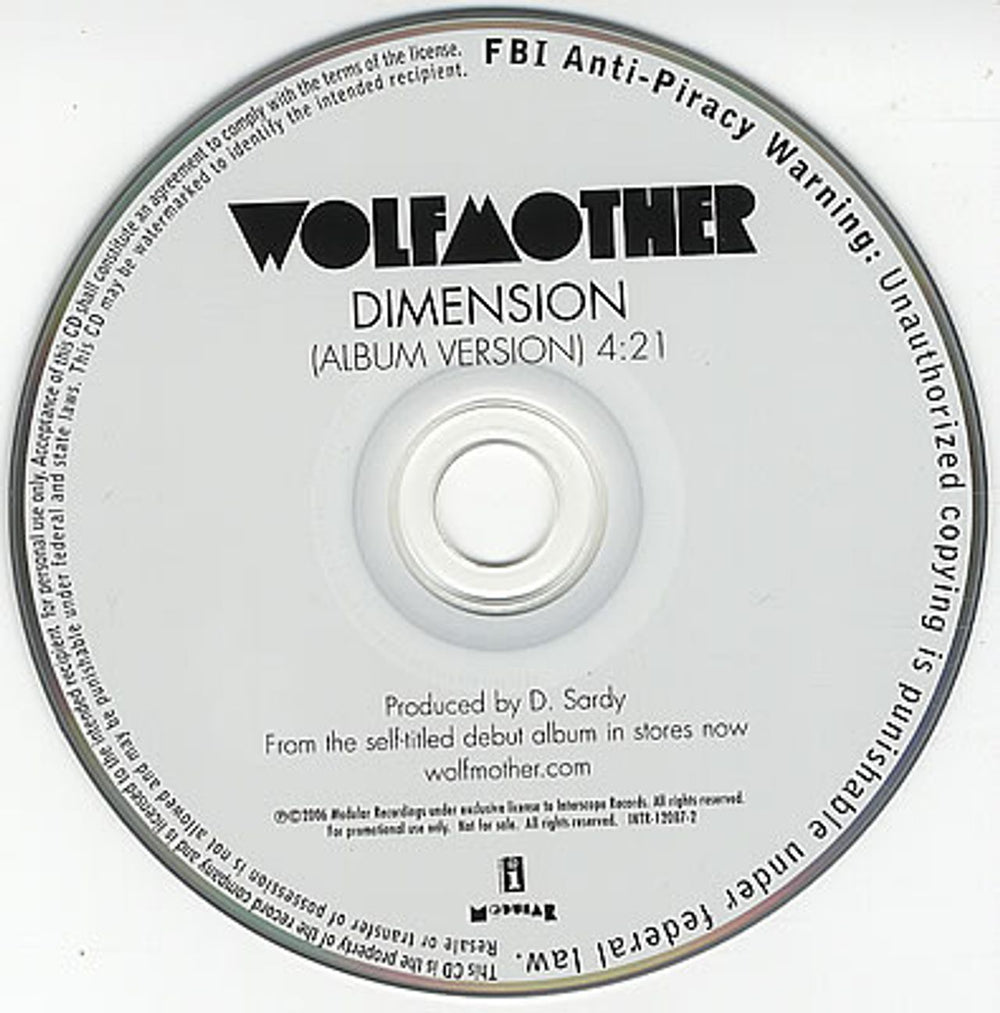 Wolfmother Dimension US Promo CD single (CD5 / 5") INTR-12007-2