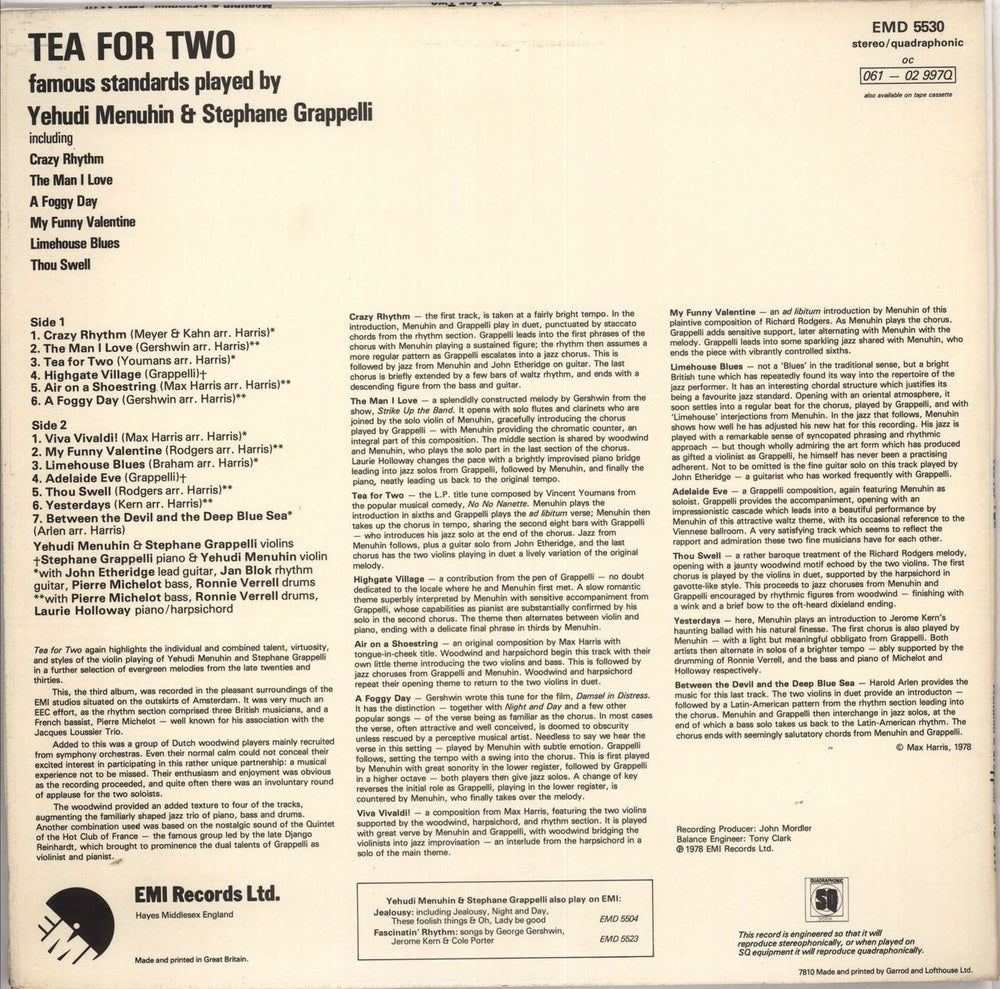 Yehudi Menuhin & Stéphane Grappelli Tea For Two - Quad UK vinyl LP album (LP record)